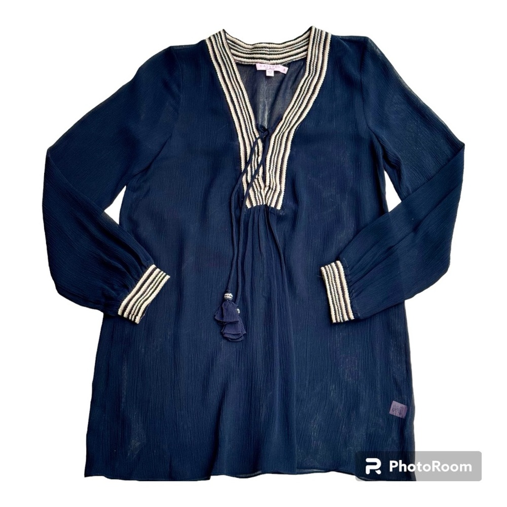 Calypso St. Barth RARE navy long slv tunic swim coverup w/ striped trim …